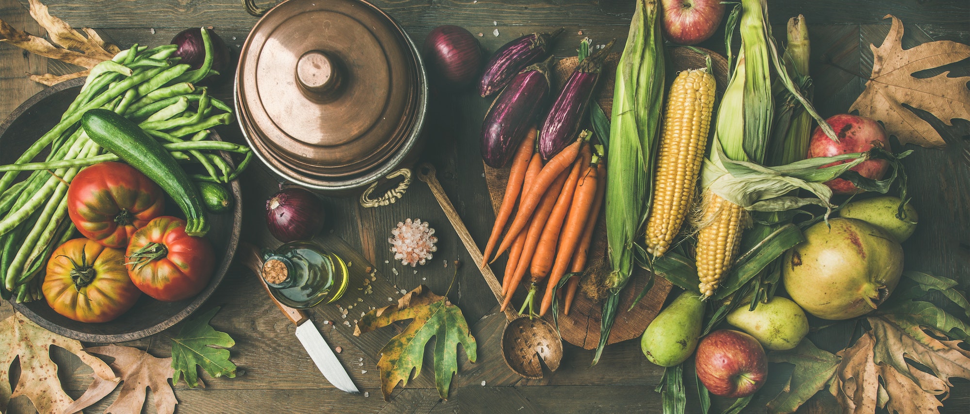 Fall healthy cooking background, wide composition